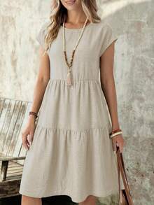 EMERY ROSE Spring/Summer Casual Everyday Outing Faux Linen Green Short Sleeve Round Neck Mid-Length Dress For Women - Silver - View 2