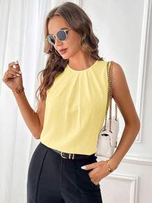 SHEIN Clasi 女款純色圓領百褶休閒百搭日常穿著襯衫 - 淡黃色 - 查看 6
