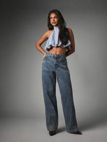 MISSGUIDED جينز فضفاض بخصر متوسط مع تفاصيل جانبية وساق واسعة وغسيل عتيق من الدنيم بطول كامل للاستخدام اليومي العادي - الأزرق - مشاهدة 2
