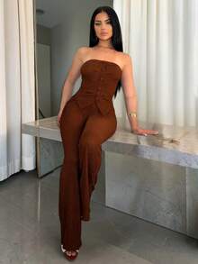 Vassilux Commute Minimalist Office Simple Satin Sexy Elegant Party Top & Long Pants Set Summer Brown - Brown - View 1