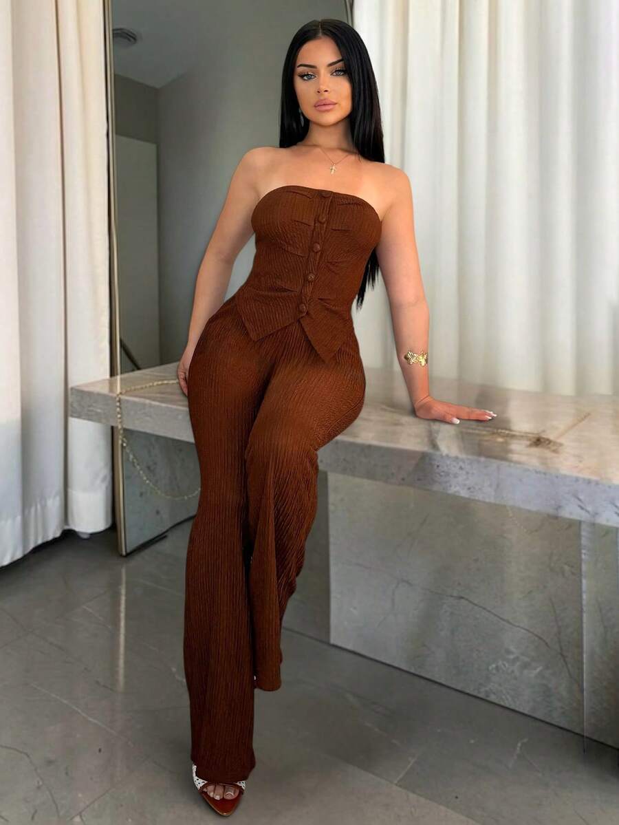 Vassilux Commute Minimalist Office Simple Satin Sexy Elegant Party Top & Long Pants Set Summer Brown - Brown - View 1