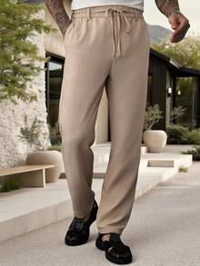 Manfinity Homme Men's Solid Color Drawstring Waist Casual Versatile Daily Travel Long Pants - Khaki - View 5
