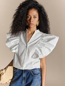 SHEIN French-Style Casual White Pure Cotton V-Neck Button-Down Shirt With Oversized Flutter Sleeves-Perfect For Work, Holidays, Or Casual Outings. - White - View 3