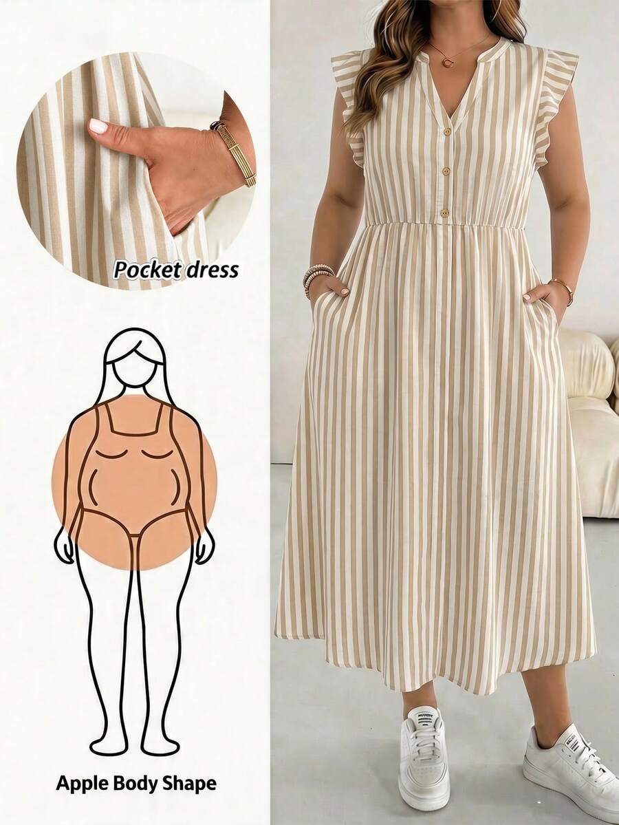 SHEIN Essnce Vestido de talla grande con estampado de rayas y volantes, manga corta, estilo casual de vacaciones, adecuado para el verano - Multicolor - Ver 1