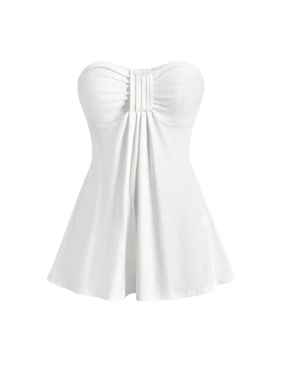 ROMWE Goth Spring/Summer Solid Color Pleated Fashionable Y2K Sexy Slim Fit Tube Top - White - View 1