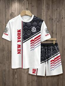 Lornexis 街頭賽車風 NEW YORK 字母徽章印花 T-shirt，男士拼色休閒短袖夏季日常穿著上衣 - 彩色 - 查看 2