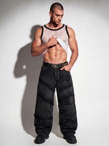 DSELFIQUE Men's Vintage Fashionable Versatile Rivet Frayed Distressed Wide Leg Loose Casual Daily Denim Jeans - Black - View 2