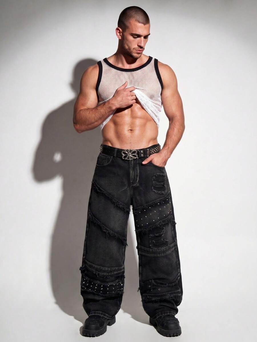 DSELFIQUE Men's Vintage Fashionable Versatile Rivet Frayed Distressed Wide Leg Loose Casual Daily Denim Jeans