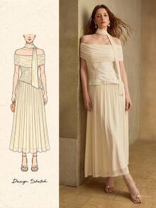MOTF PREMIUM SUMMER FASHIONABLE ROMANTIC ELEGANT PATCHWORK WAVY TEXTURE FABRIC OFF-SHOULDER DRESS FOR WOMEN VACATION WHITE - Apricot - View 7