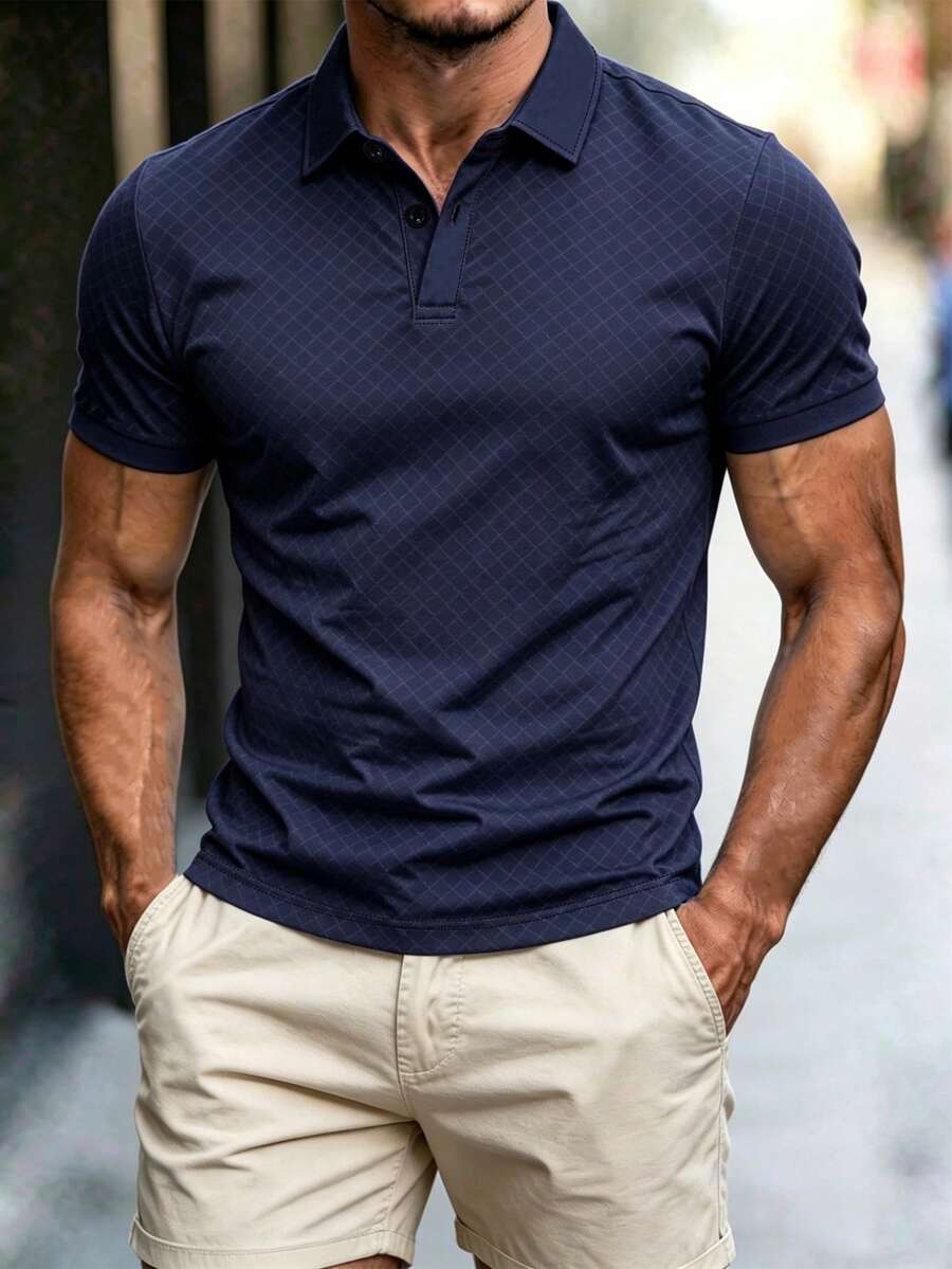 Manfinity Dauomo 夏季休閒男士標準尺寸 Polo 衫,經典格紋印花圖案,商務休閒辦公穿著,舒適且優雅 - 彩色 - 查看 1