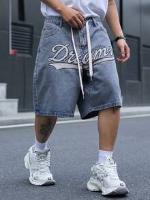Manfinity EMRG Celana Pendek Denim Biru Bordir Kasual Streetwear Pria - Medium Wash - View 4