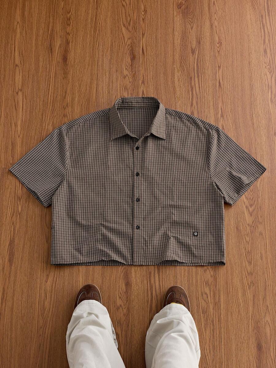 SWAVVY Men's Plaid Single-Breasted Casual Short Sleeve Shirt For Daily Wear - Coffee Brown - View 1