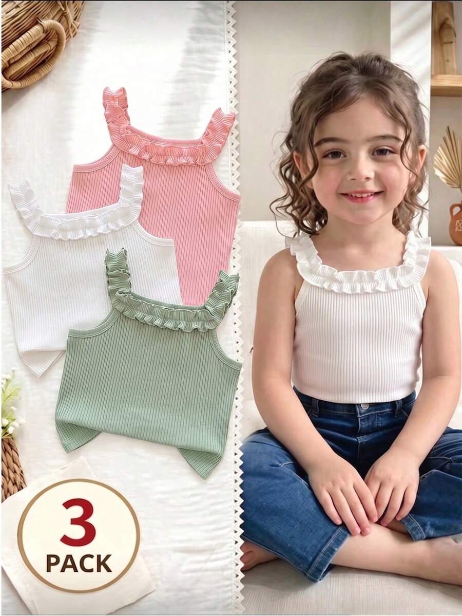 SHEIN Genkimix Kids 3件組少女夏季純色棉質羅紋彈性荷葉邊背心上衣
