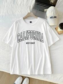 Comfortcana Plus Letter Graphic Drop Shoulder Tee California Plus Size T-Shirt Back-To-School Graduation Green Summer - White - View 4