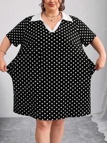 SHEIN CURVE+ 大尺碼拼色翻領短袖休閒1920年代風洋裝，度假款，2026秋冬 22W - 黑與白 - 查看 5