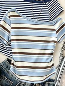SHEIN Tween Girls Digital Striped Pattern And Solid Color Asymmetric Shoulder Short Sleeve 3-In-1 Top, Spring Summer Casual Comfortable, Versatile For Summer And Autumn, Suitable For Outdoor Sports, Picnic, Street Photography, Vacation, Holiday, Gift, Daily Wear Classic Striped Design - Multicolor - View 5
