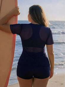 Swim SPRTY 大尺碼女款 3 件組純色套頭短袖網紗罩衫、露背內衣、比基尼泳褲，海灘度假衝浪運動背心比基尼套裝 - 藏蓝色 - 查看 3