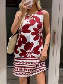 Sylviya 1件装 女士休闲无袖印花短款度假连衣裙 夏季女装 夏季连衣裙 度假装 女士度假装 女士度假连衣裙 波西米亚风女装 女士连衣裙 无肩带连衣裙 衬衫裙 波西米亚风服装 度假装 - 紅白色 - 查看 5