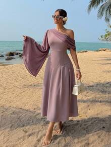 DAZY Women's Elegant Contrast Color Patchwork Bell Sleeve Mid-Length Dress,Formal Women Dresses - Mauve Mist - View 11
