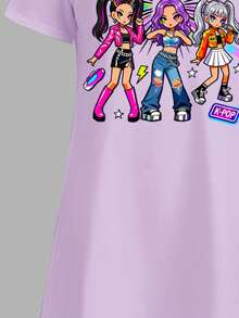 Vestido casual lindo minimalista de niña preadolescente, estilo K-Pop, color lila claro, con estampado de grupo de chicas de dibujos animados, manga corta, largo medio, para verano y escuela - Multicolor - Ver 6
