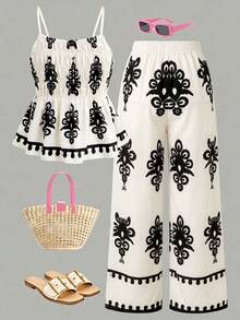 SHEIN Conjunto casual de 2 piezas para niñas adolescentes, top de tirantes finos con cintura fruncida, tela estampada tejida, pantalones de pierna recta y ancha con cintura elástica, verano - Multicolor - Ver 2