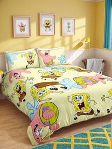 SpongeBob SquarePants | SHEIN 3件組海洋動物卡通印花被套組，磨砂材質，柔軟保暖，藍色被套，雙面圖案，多種尺寸，適用單人床/雙人床/加大床/特大床，禮物首選 - 彩色 - 查看 4
