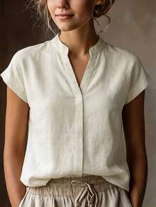 SHEIN Women's Elegant Light Beige Short-Sleeved Shirt Top With Collar,Business Office Summer Blouses,Classy Fashionable Casual Commuter Wear For Graduation - Khaki - View 4