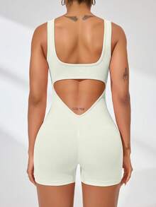SHEIN Sports 女士健身连体衣，紧身时尚舞蹈瑜伽服 - 米色 - 查看 4