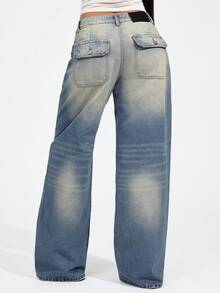 Denimoi Mid Rise Straight Leg Jeans Washed Denim Jeans Fashion Jeans Everyday Wear Flap Pocket Denim - Medium Wash - View 5