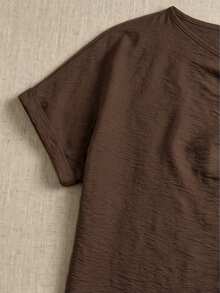 EMERY ROSE Blus Wanita Tenun Kasual Sederhana untuk Kantor Musim Panas - Coffee Brown - View 3