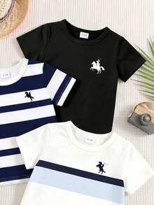 SHEIN 3件裝男嬰新款時尚舒適極簡條紋印花短袖上衣，設計Logo印花，春夏風格，適合日常穿著、返校、戶外活動、聚會、度假、街拍、校園生活、節慶活動、禮物 - 彩色 - 查看 3