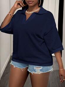 Slaydiva Plus Size Summer Casual Solid Color Knit Top - Navy Blue - View 4