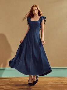 Selenza Women's Letter Print Casual Daily Wear Cap Sleeve Denim Dress - Dark Wash - View 6