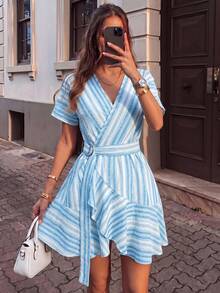 SHEIN PariChic Fashionable Minimalist Striped Women's Dress - Blue - View 6