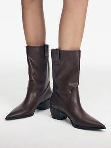 Mnmlis Pointed Thick Heel Medium Boots Versatile Soft Leather Thin Retro Stacked Ankle Boots Commuting British Style Thick Heel Thin Fall Shoes - Brown - View 5