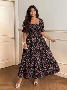 Vionelle Plus Size Spring/Summer Black Ditsy Floral Batwing Sleeve Dress Vacation Boho - Black - View 4