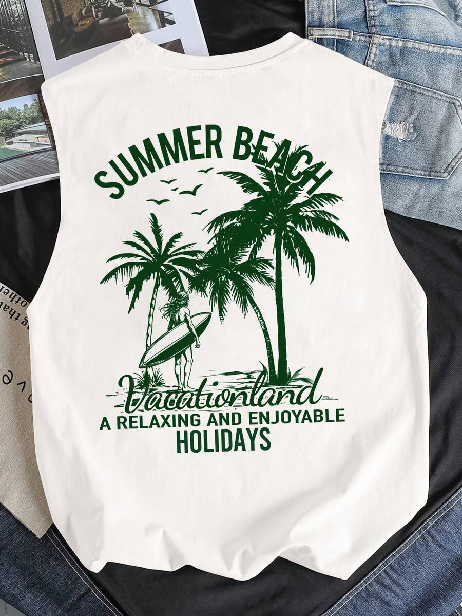 Manfinity Joysei White Plus Size Men's Slogan Palm Tree Print Tank Top - White - View 1