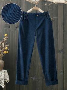 SHEIN Tall CURVE Celana Korduroi Polos Serbaguna Ukuran Besar untuk Musim Gugur - Navy Blue - View 1
