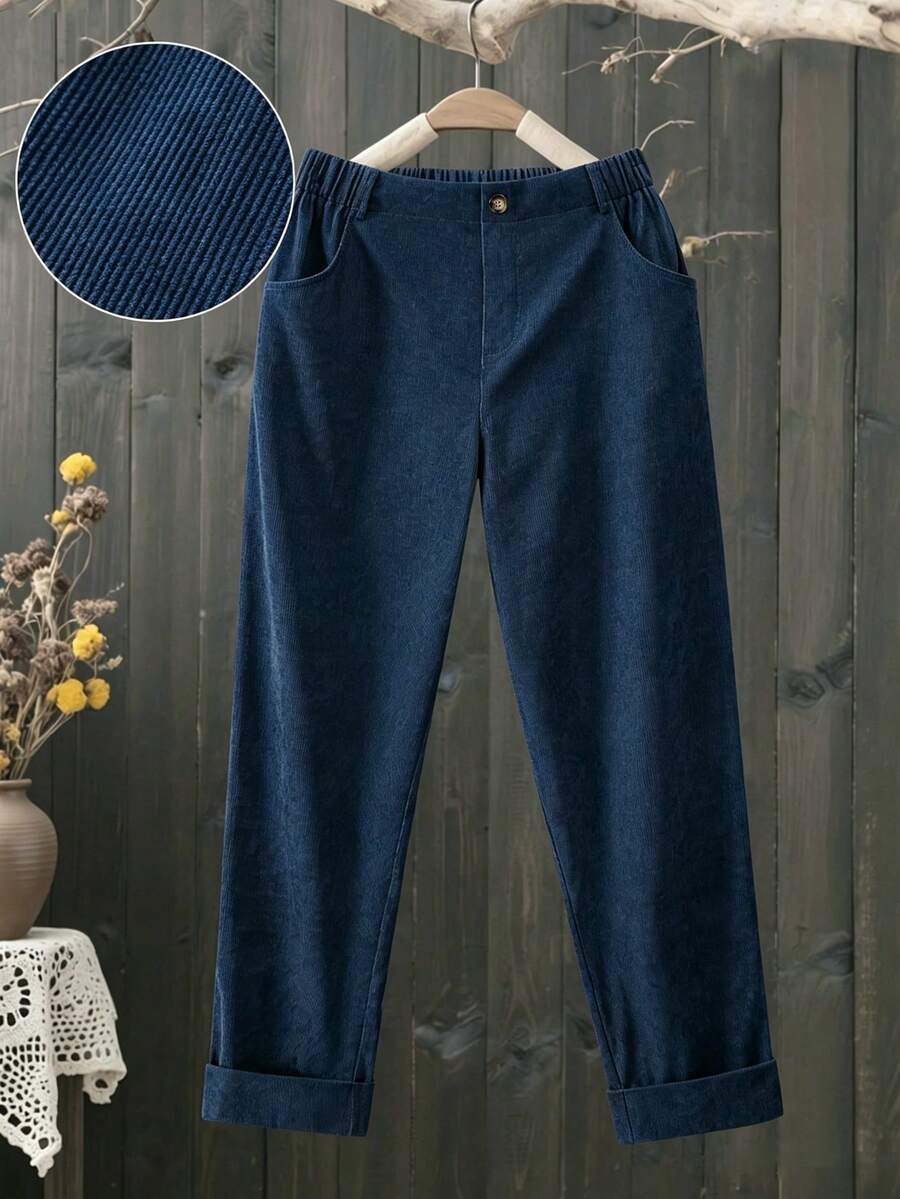 SHEIN Tall CURVE Celana Korduroi Polos Serbaguna Ukuran Besar untuk Musim Gugur - Navy Blue - View 1