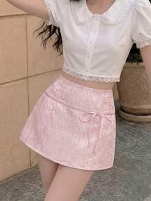 SHEIN MOD Áo blouse dáng ngắn tay phồng viền ren, áo ngắn tay - trắng - Xem 5