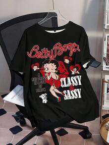 Betty Boop x SHEIN 大尺碼女款字母印花圓領短袖休閒寬鬆版型T恤 - 白色 - 查看 3