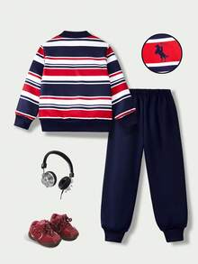 SHEIN Casuvi Kids 男童 2 件套 針織數位條紋衛衣 半開亨利領套頭長袖 純色收口運動長褲 馬匹圖案 秋季 - 彩色 - 查看 2
