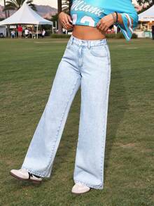 SHEIN PETITE Women's Pocketed Wide Leg Loose Casual Versatile Jeans - Light Wash - View 4