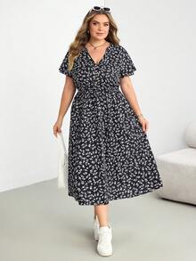 SHEIN CURVE+ Plus Size Women's Summer Beach Vacation Floral Collar Pleated Waistband Dress, Vacation Dress - Multicolor - View 5