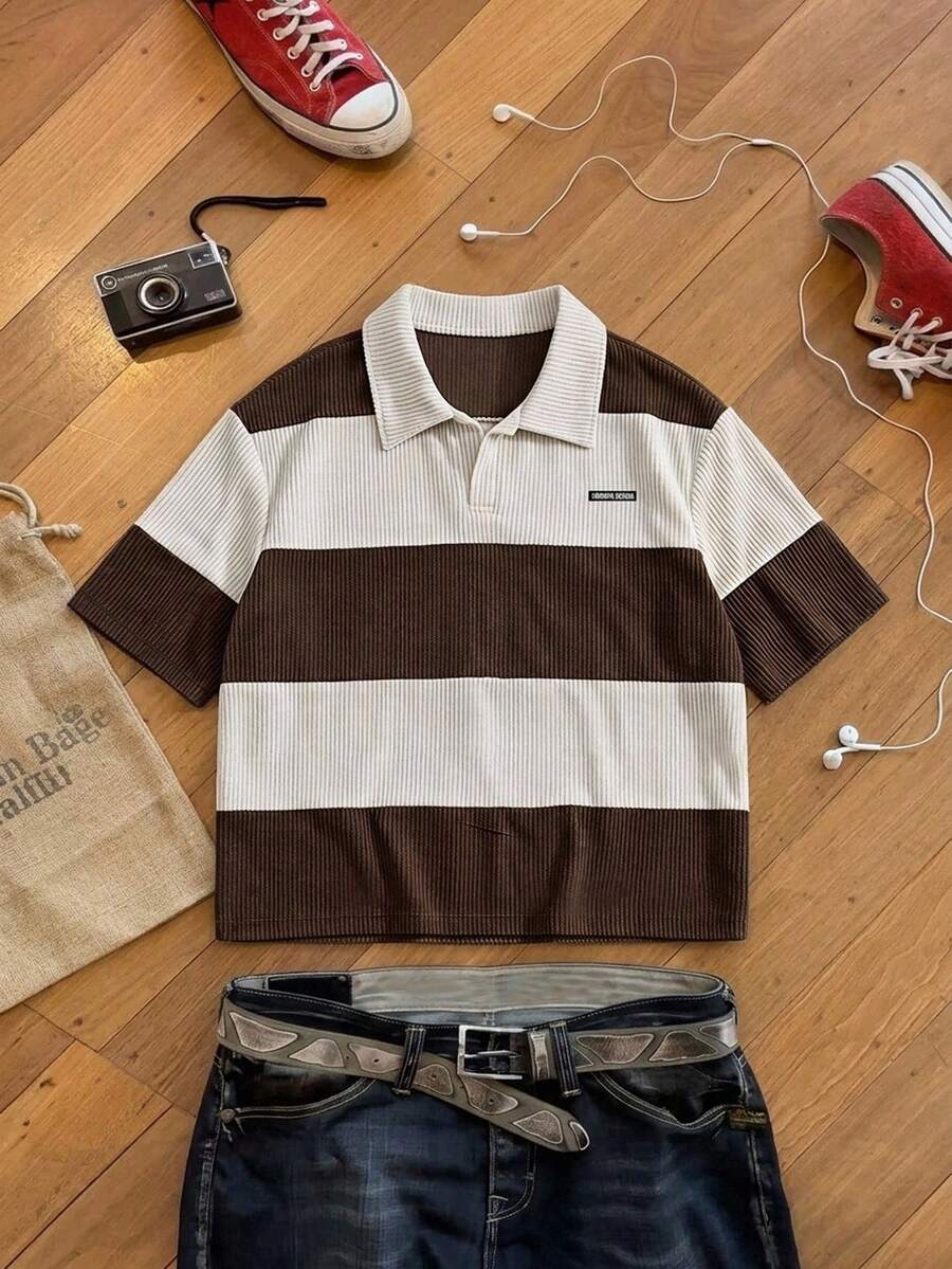 SWAVVY Men's Summer Color Block Dual-Tone Short Sleeve Polo Shirt - Apricot - View 1