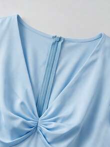 Breezaya Women's Solid Color Twisted Knot Ruched Casual Party Travel Chiffon Long Sleeve Dress - Blue - View 4