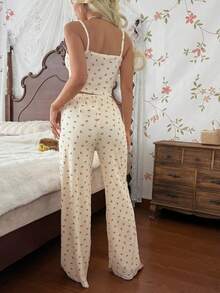 CottageSlumber Women's Silk Lace Cherry Jacquard Ribbed V-Neck Contrast Lace Casual Pajama Set - Apricot - View 3