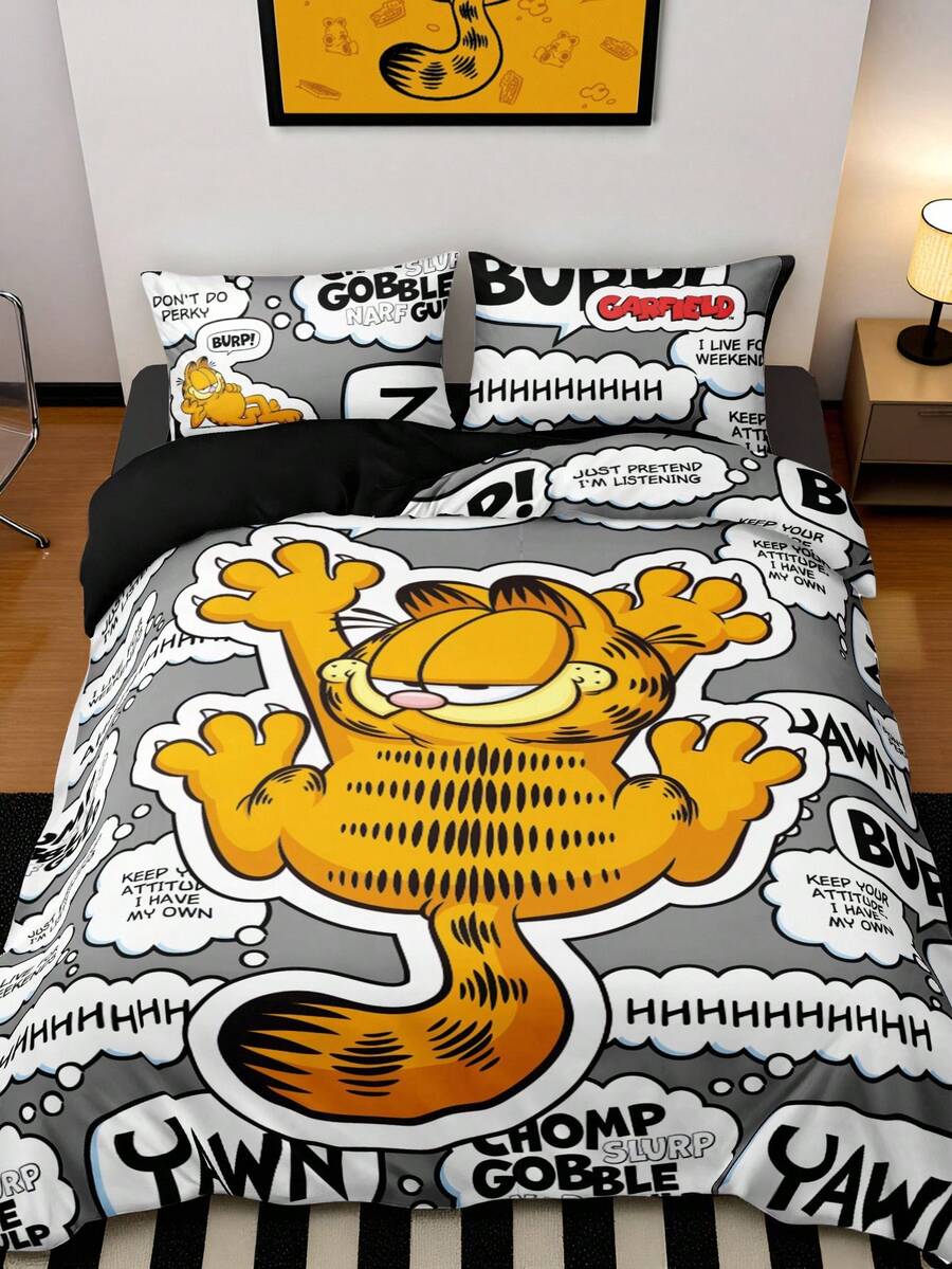 GARFIELD | SHEIN 3 件字母和卡通图案床上用品套装,拉绒面料,柔软温暖,黑色羽绒被套,适合单人/双人/大号/特大号床,适用于卧室装饰 - 灰色 - 查看 1