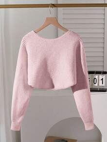 SHEIN Tween Girl Casual Versatile Solid Color Cropped Cardigan - Baby Pink - View 3