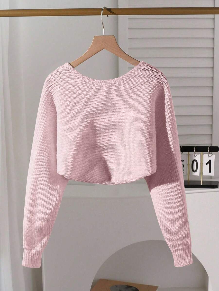 SHEIN Tween Girl Casual Cute Versatile Solid Color Cropped Cardigan Back-To-School School Blush Pink Autumn - Baby Pink - View 1